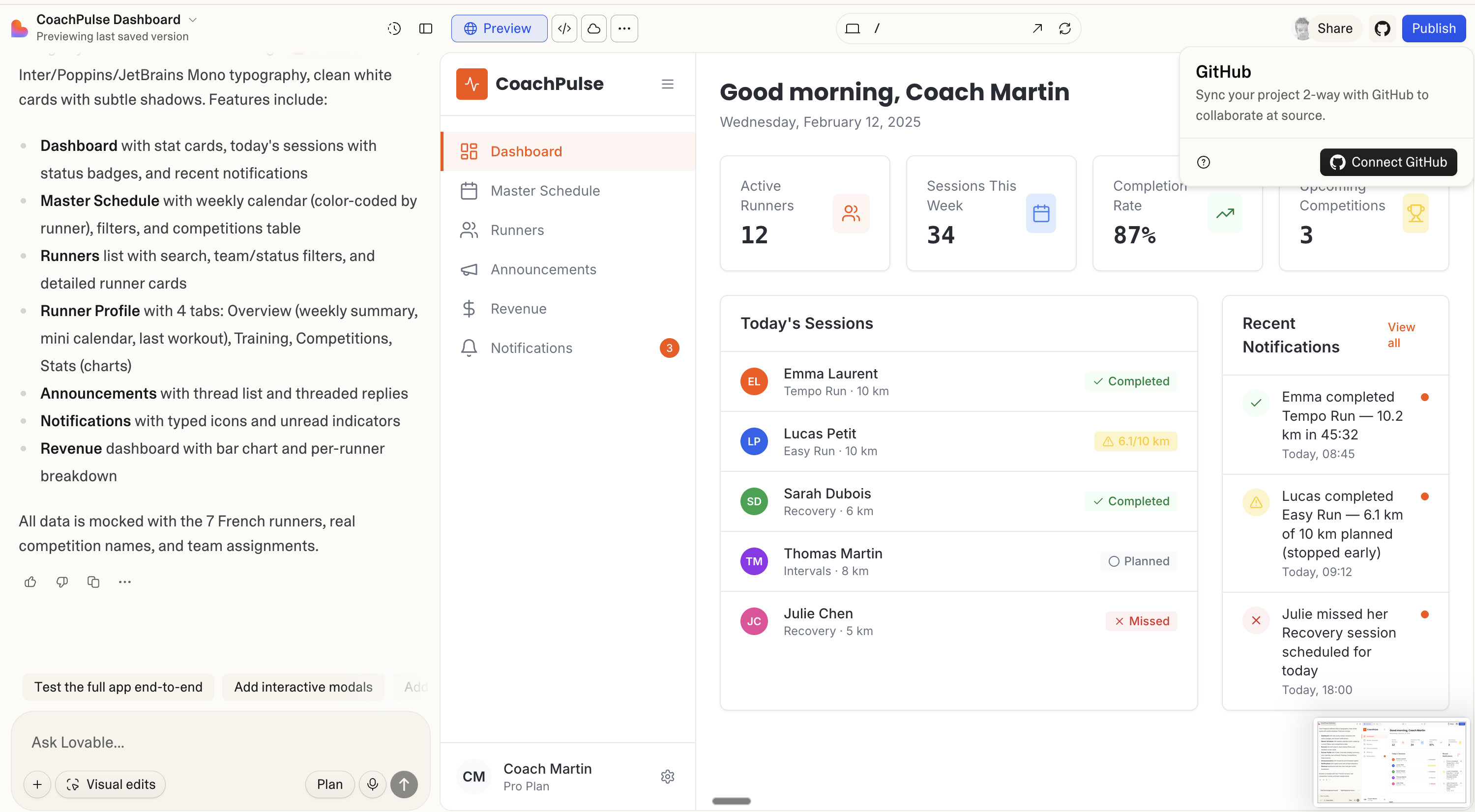 CoachPulse with GitHub integration panel